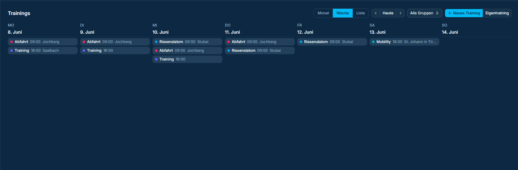 Screenshot der Wochenansicht im Trainingskalender