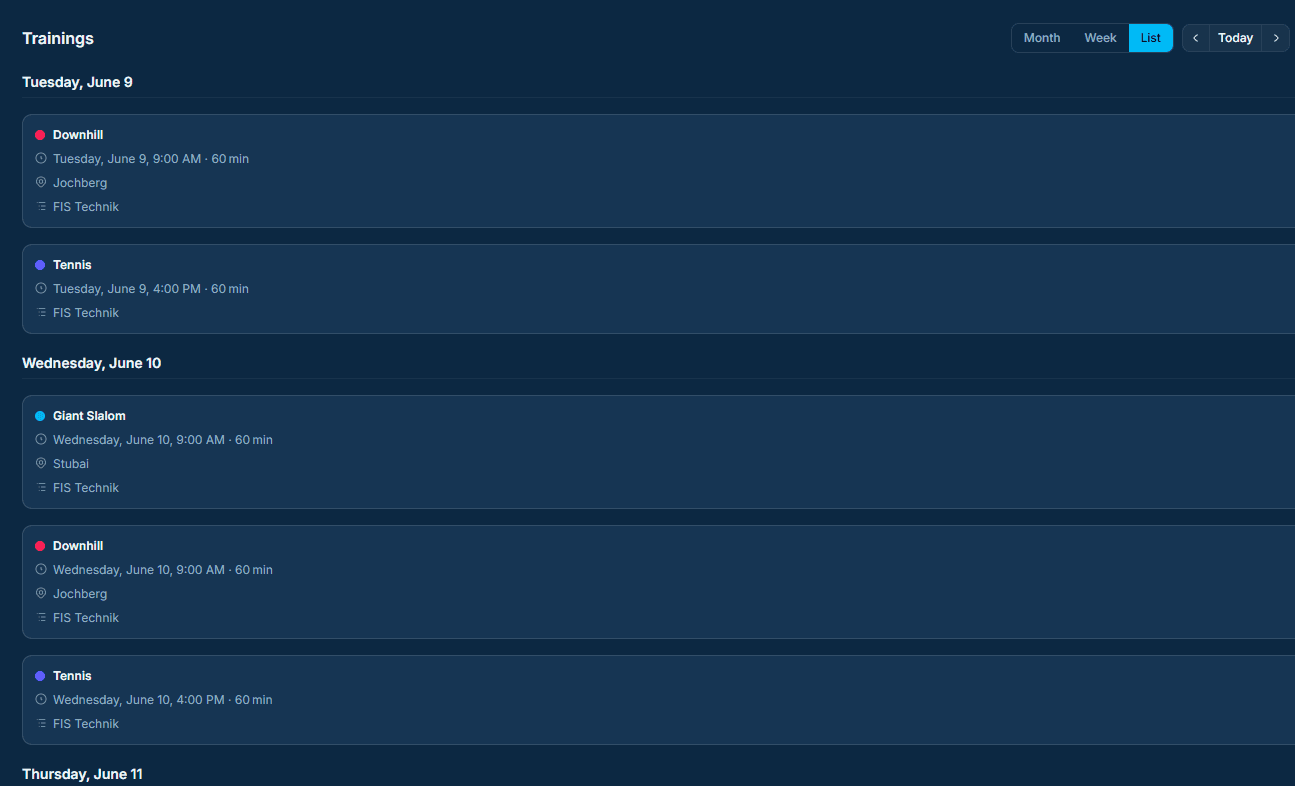 Training calendar list view screenshot