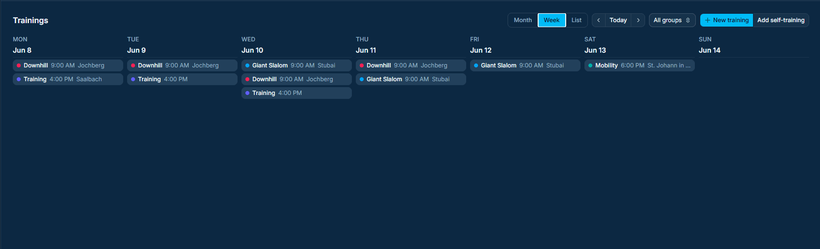 Training calendar weekly view screenshot